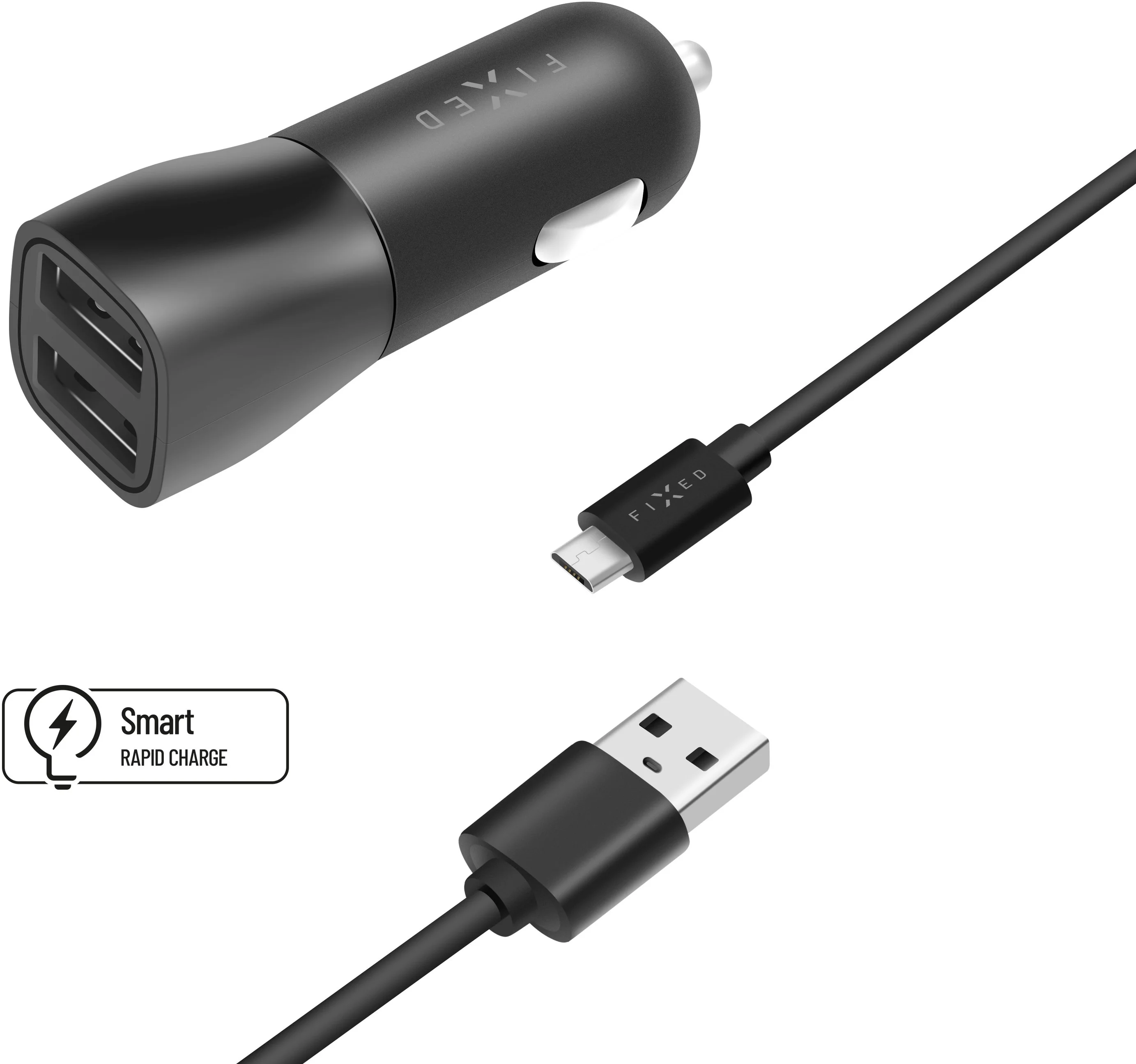 Nabíjačka do auta FIXED s výstupom 2xUSB a káblom USB/micro USB, 1 meter, 15W Smart Rapid Charge, čierna