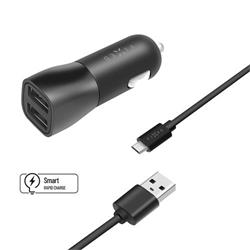 Nabíjačka do auta FIXED s výstupom 2xUSB a káblom USB/micro USB, 1 meter, 15W Smart Rapid Charge, čierna