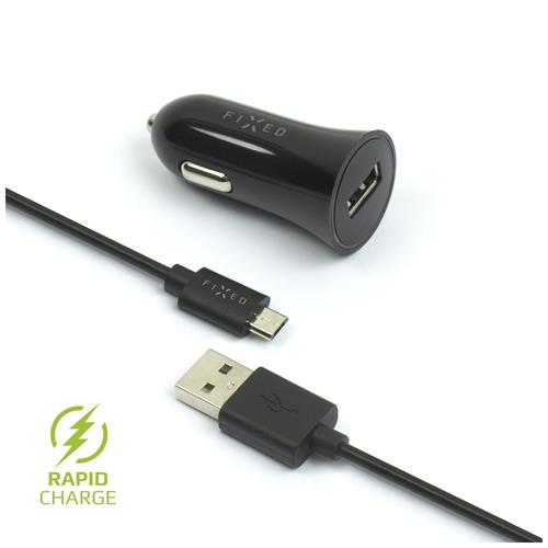 Nabíjačka do auta FIXED s výstupom USB a káblom USB/micro USB, 1 meter, 12 W, čierna