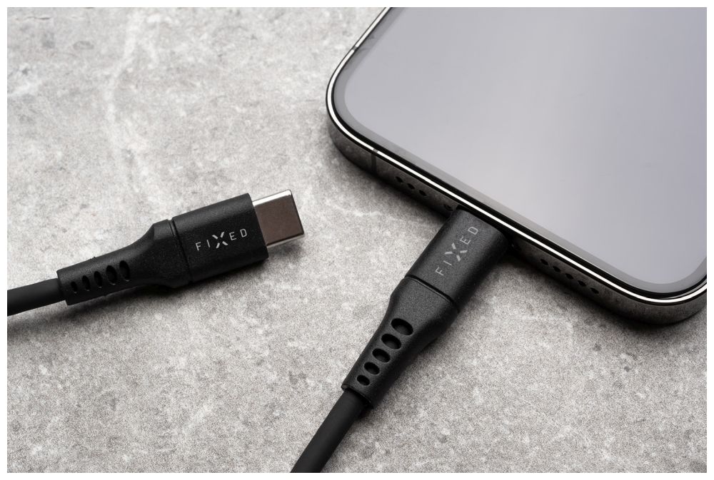 Nabíjecí a datový Liquid silicone kabel FIXED s konektory USB-C/USB-C a podporou PD, 1.2m, USB 2.0, 60W, černý