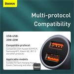 Nabíječka do auta Baseus Golden Contactor Pro s kabelem USB-C 1m 40W 2x USB šedá