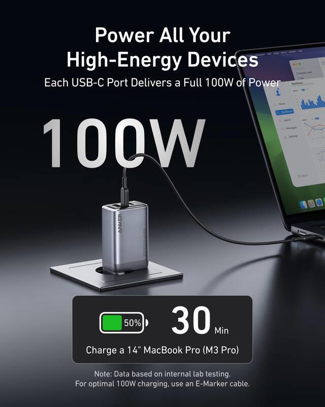Nabíječka do sítě Anker Prime 100W, 2xUSB-C, 1xUSB-A stříbrná