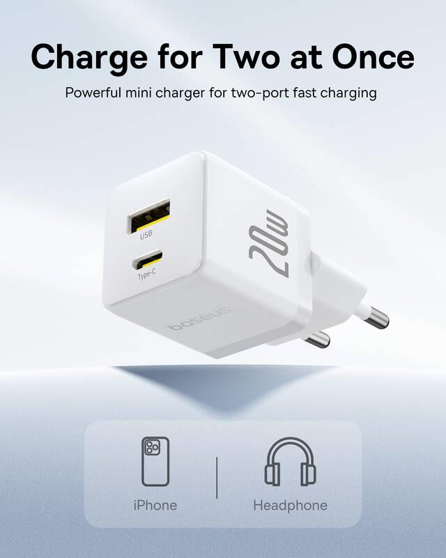 Napájacia nabíjačka Baseus Palm 20W, 1xUSB, 1xUSB-C biela