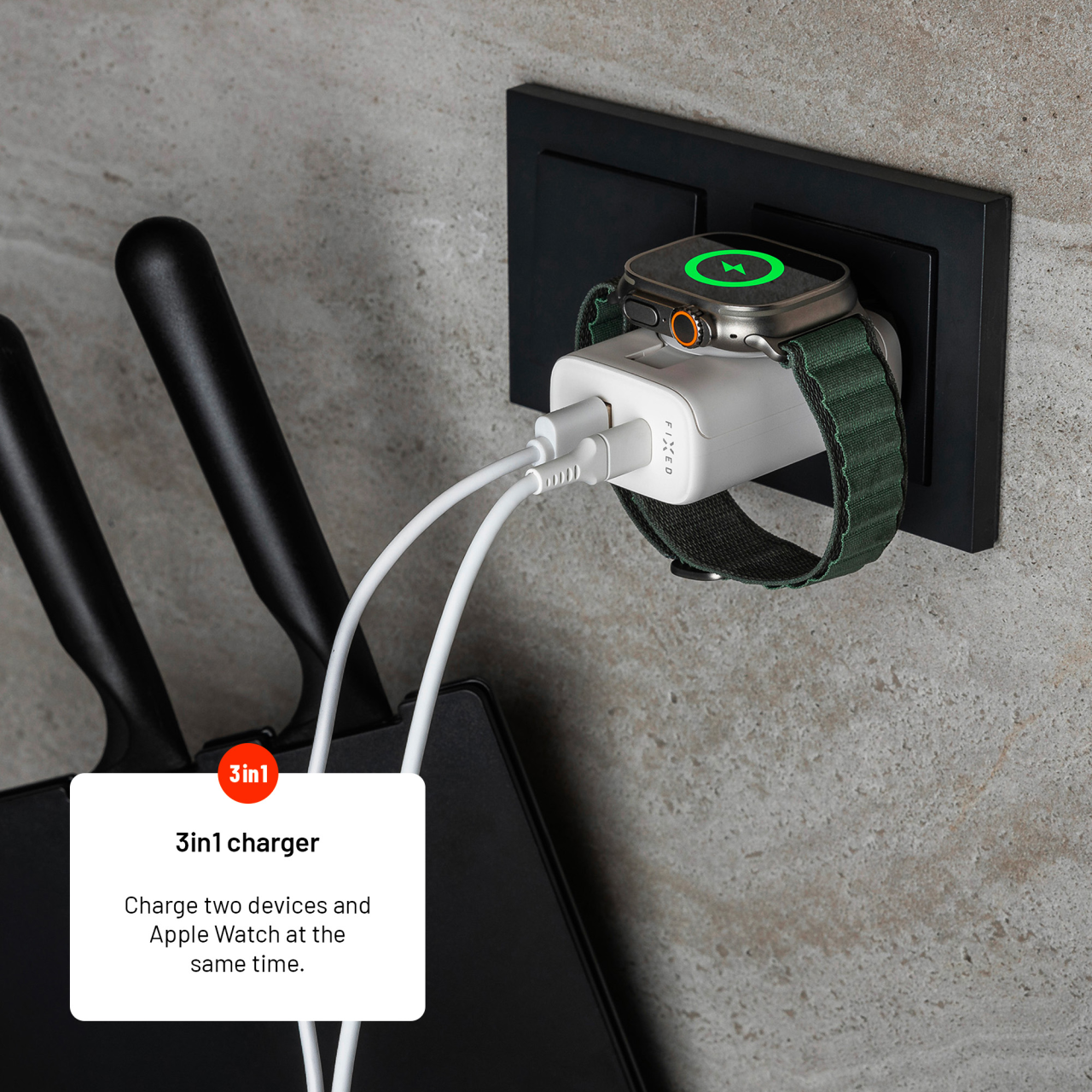 Napájacia zásuvka FIXED s USB-A a USB-C, Apple Watch, 33 W, biela