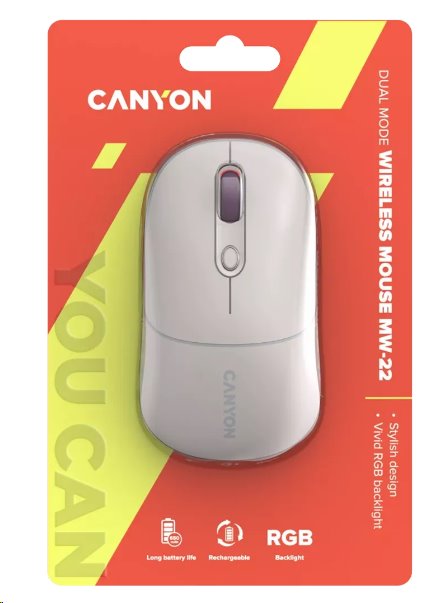 Optická bezdrôtová myš CANYON MW-22, RGB, 800/1200/1600 dpi, 4 tl, BT+2,4 GHz, batéria 650 mAh, ryža