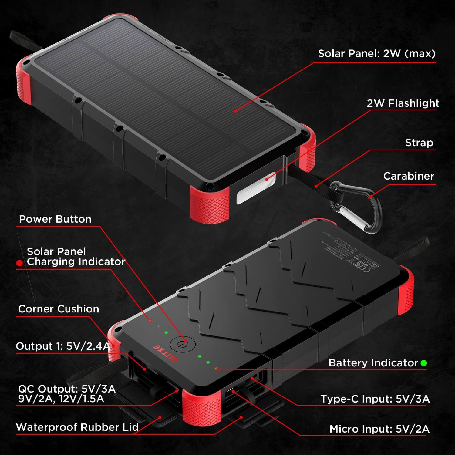 OUTXE Savage Solar PowerBank 20000mAh QuickCharge (PCB20000WS