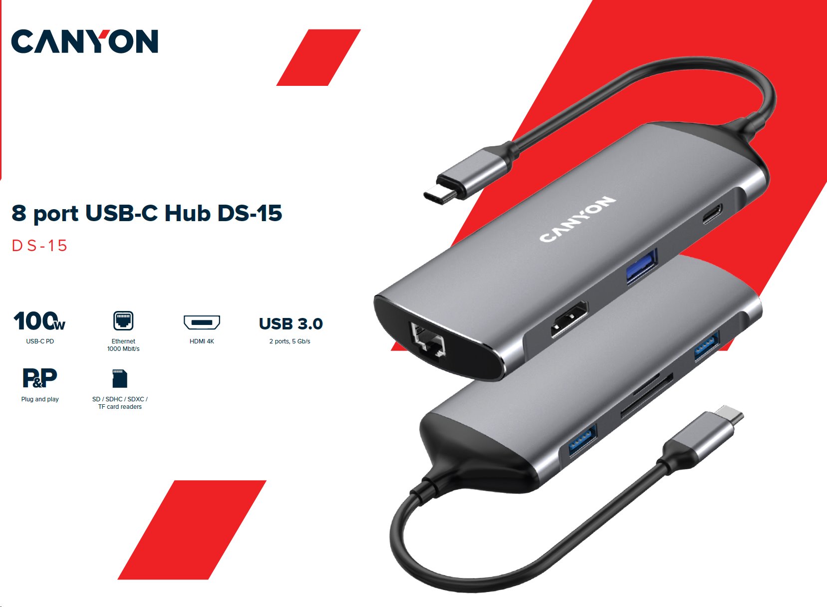 Portový rozbočovač CANYON DS-15 8v1, 1xUSB-C PD 100 W, 1xHDMI (4K), VGA, 2x USB-A 3.0, 1x USB-A 2.0, RJ45 Gb, 3,5 mm jack, SD/m