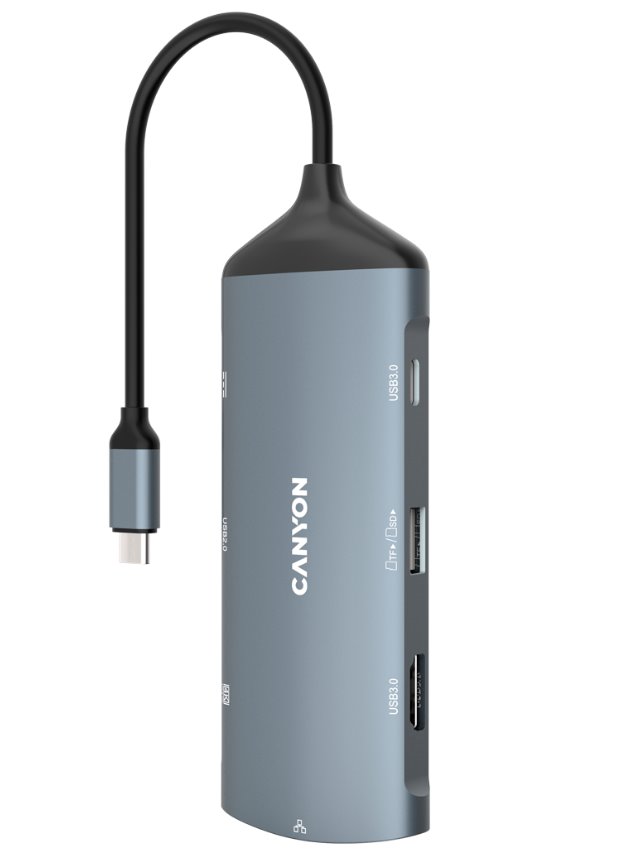 Portový rozbočovač CANYON DS-15 8v1, 1xUSB-C PD 100 W, 1xHDMI (4K), VGA, 2x USB-A 3.0, 1x USB-A 2.0, RJ45 Gb, 3,5 mm jack, SD/m