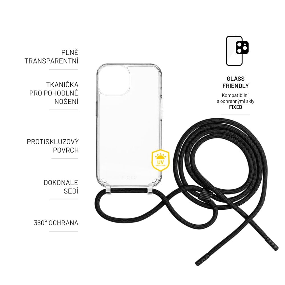 Pouzdro FIXED Pure Neck s černou šňůrkou na krk pro Apple iPhone 15 Pro