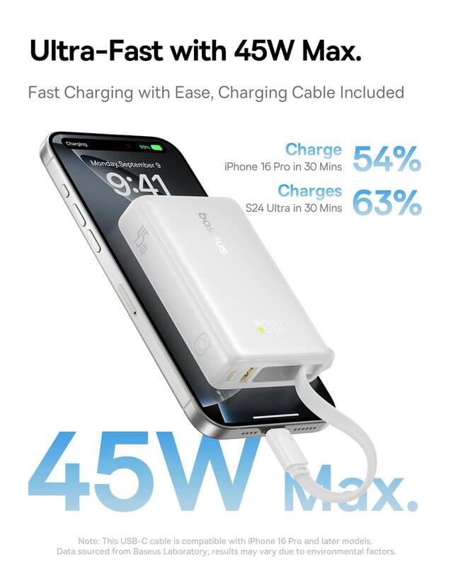 Powerbank Baseus PicoGo 10000mAh, 45W, s káblom USB-C, biela