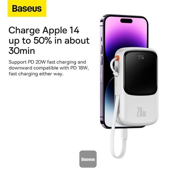 Powerbanka Baseus Qpow Pro 10000mAh, 20W, s kabelem Lightning bílá