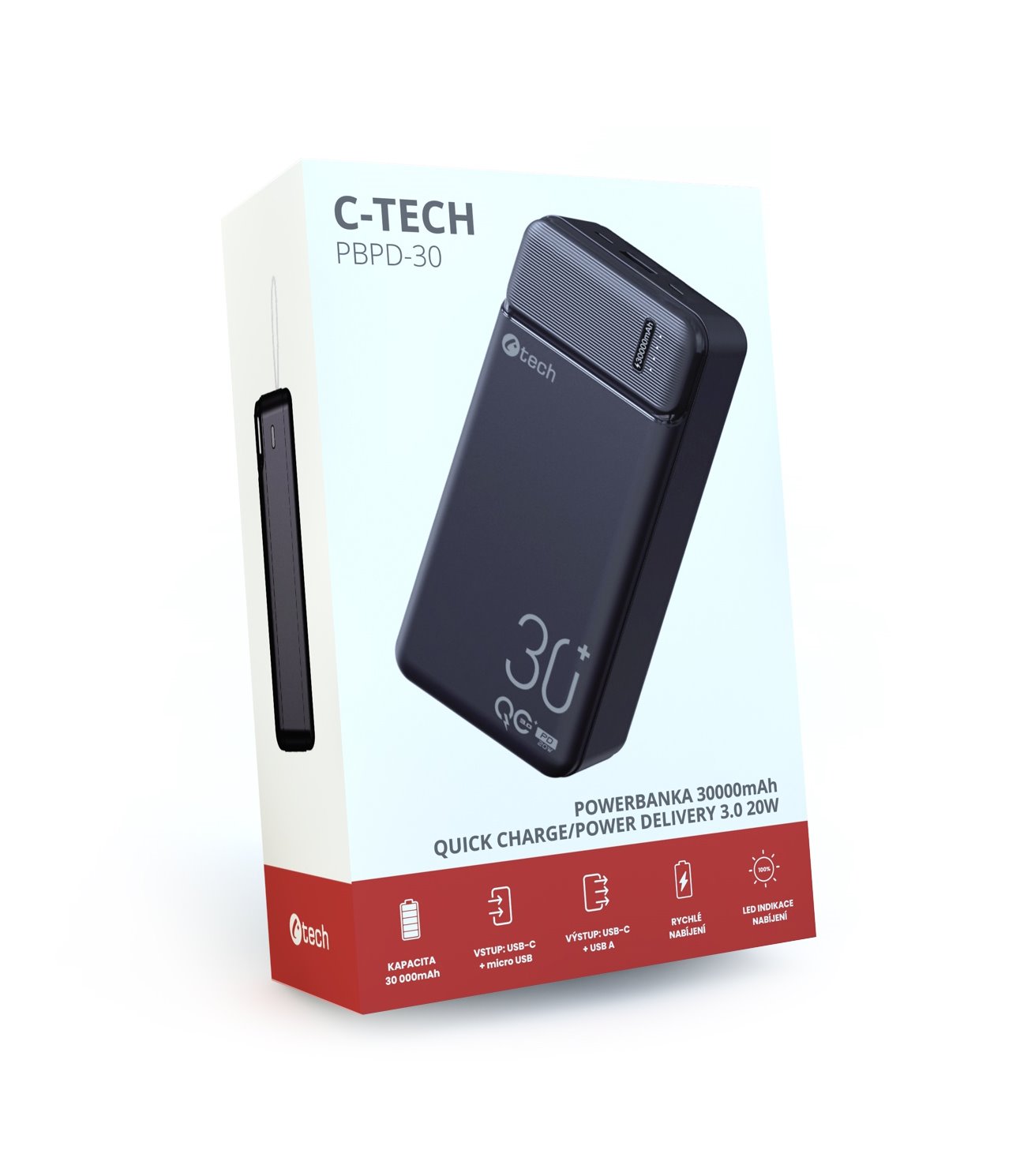 Powerbanka C-tech 30000mAh, Li-Pol, 20W, USB-C/USB-A/micro USB