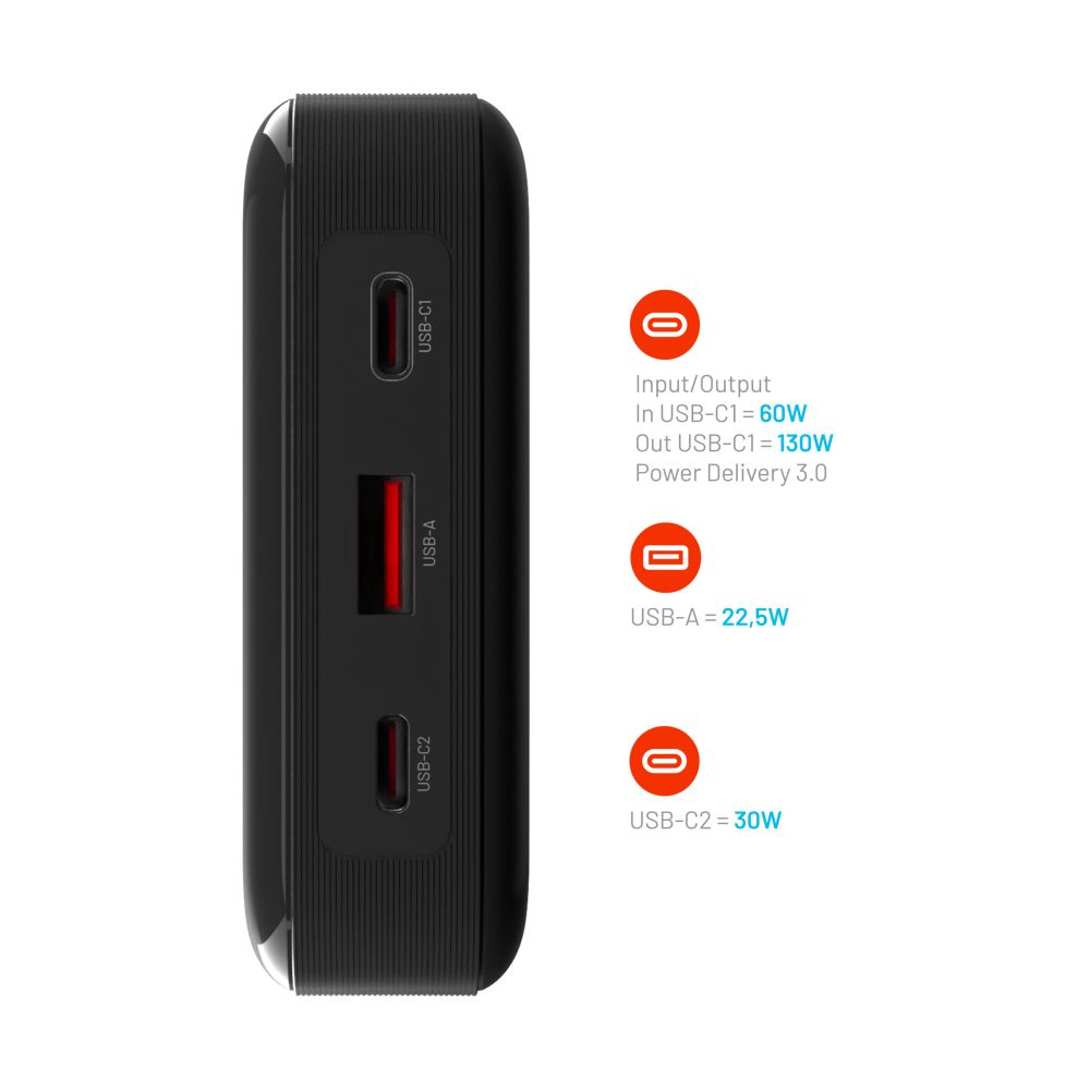 Powerbanka FIXED Zen 20 Pro s LCD displejem a výstupem 130W, 20 000 mAh, černá