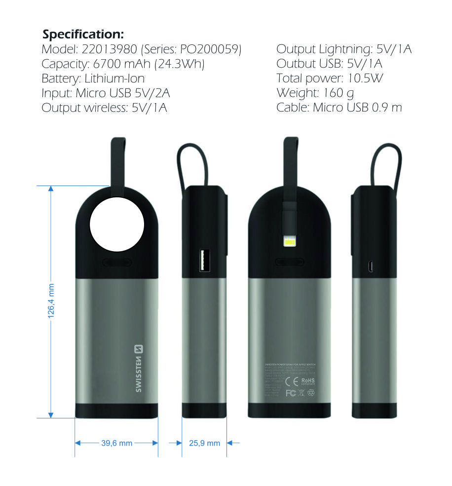 Powerbanka Swissten pre Apple Watch, 6700 mAh