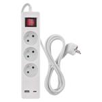 Predlžovací kábel Emos 2 m / 3 zásuvky / s vypínačom / biely / 1×USB-A + 1×USB-C / 1,5 mm2