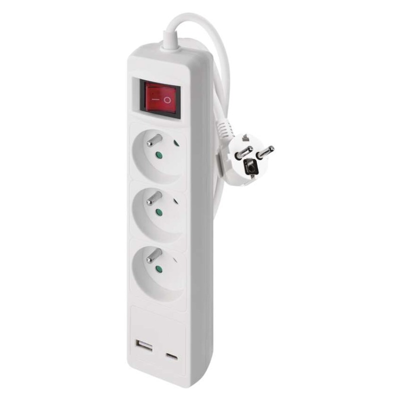 Predlžovací kábel Emos 2 m / 3 zásuvky / s vypínačom / biely / 1×USB-A + 1×USB-C / 1,5 mm2