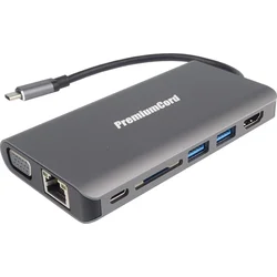 PremiumCord USB-C na HDMI+VGA+RJ45+2xUSB3.0+SD karta +3,5 mm+PD nabíjanie