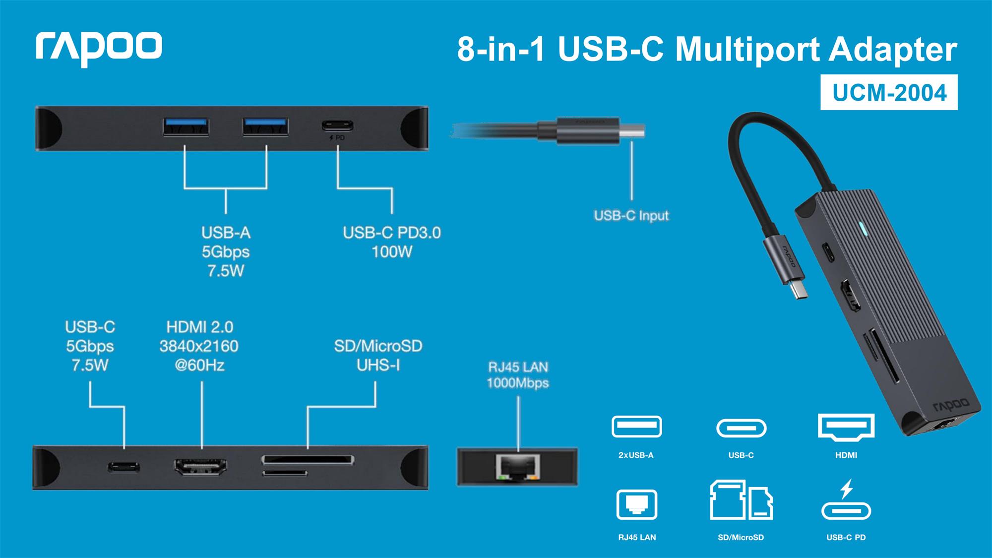 Rapoo UCM-2004 8-in-1 USB-C Multiport Adapter