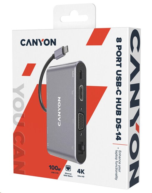Replikátor portov CANYON DS-14 8v1, 1xUSB-C PD 100W, 1xHDMI (4K), VGA, 3xUSB-A 3.0, RJ45 Gb, 3,5mm jack