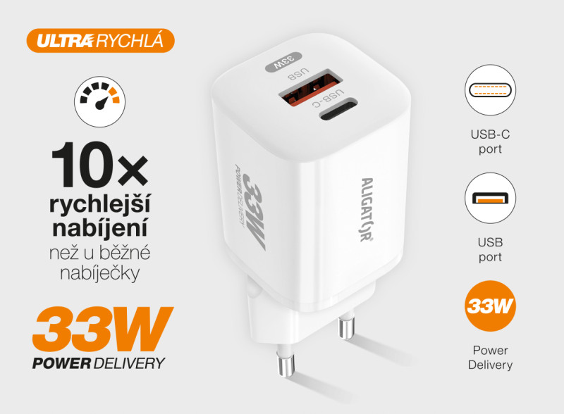 Rychlá nabíječka ALIGATOR GaN, PD 33W, USB-C/Lightning kabel, bílá