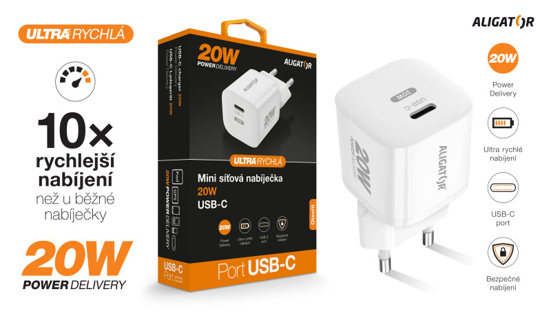 Rychlá nabíječka ALIGATOR Mini, PD 20W USB-C, bílá