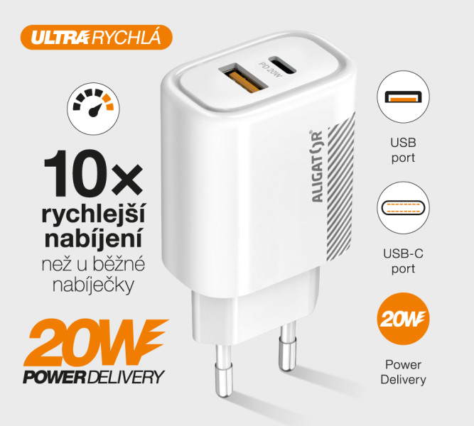 Rychlá nabíječka Aligator PD 20W USB-C + USB, bílá
