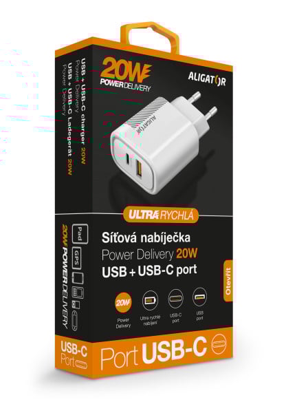Rychlá nabíječka Aligator PD 20W USB-C + USB, bílá