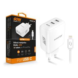Rychlá nabíječka ALIGATOR, PD 40W, 2xUSB-C, USB-C/Lightning kabel, bílá