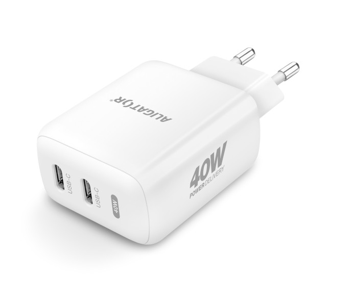 Rychlá nabíječka ALIGATOR, PD 40W, 2xUSB-C, USB-C/USB-C kabel, bílá