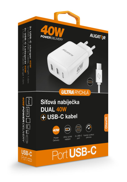 Rychlá nabíječka ALIGATOR, PD 40W, 2xUSB-C, USB-C/USB-C kabel, bílá