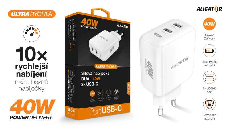 Rýchlonabíjačka ALIGATOR, PD 40W 2xUSB-C, biela