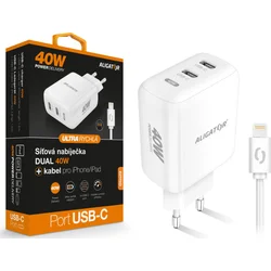 Rýchlonabíjačka ALIGATOR, PD 40W, 2xUSB-C, USB-C/Lightning kábel, biela