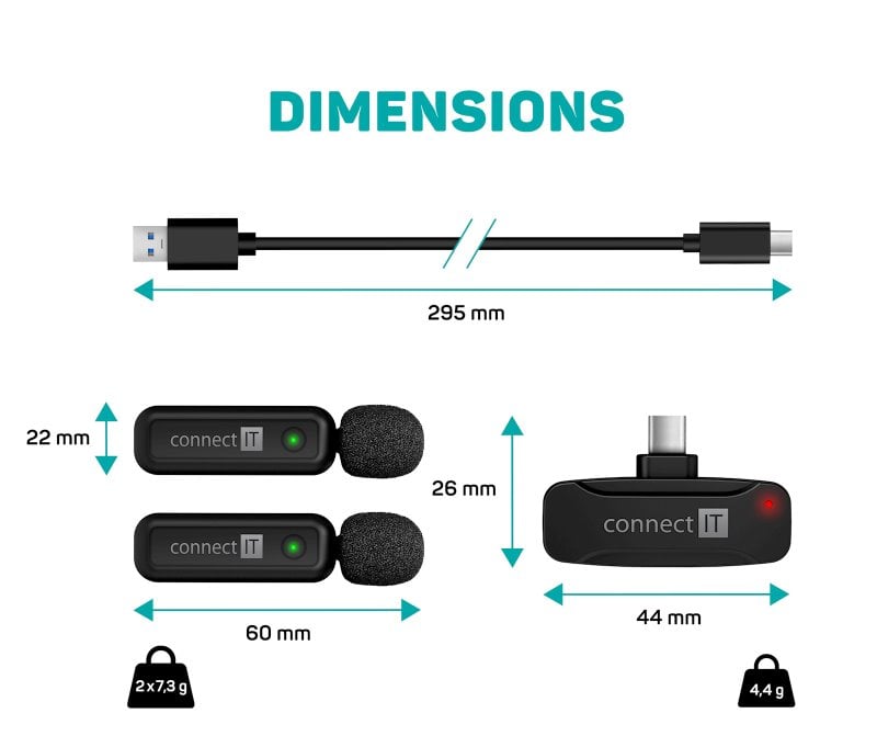Sada bezdrôtového klopového mikrofónu CONNECT IT s rozhraním USB-C (2 ks + prijímač) – ČIERNA