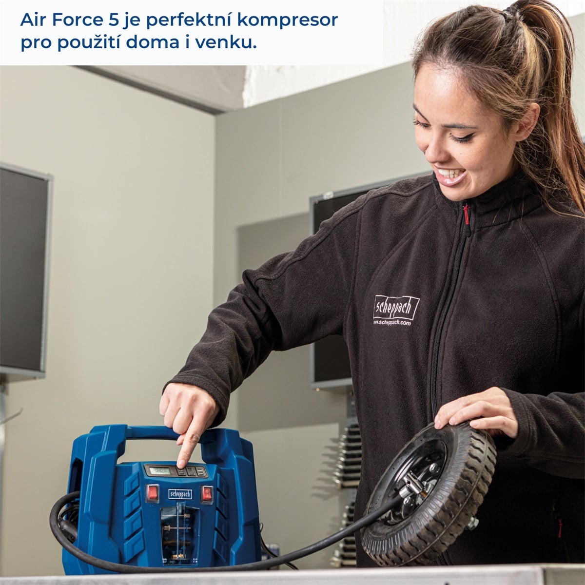 Scheppach Air Force 5 – bezolejový prenosný kompresor s tlakom 8 bar, napájanie 12 V/230 V