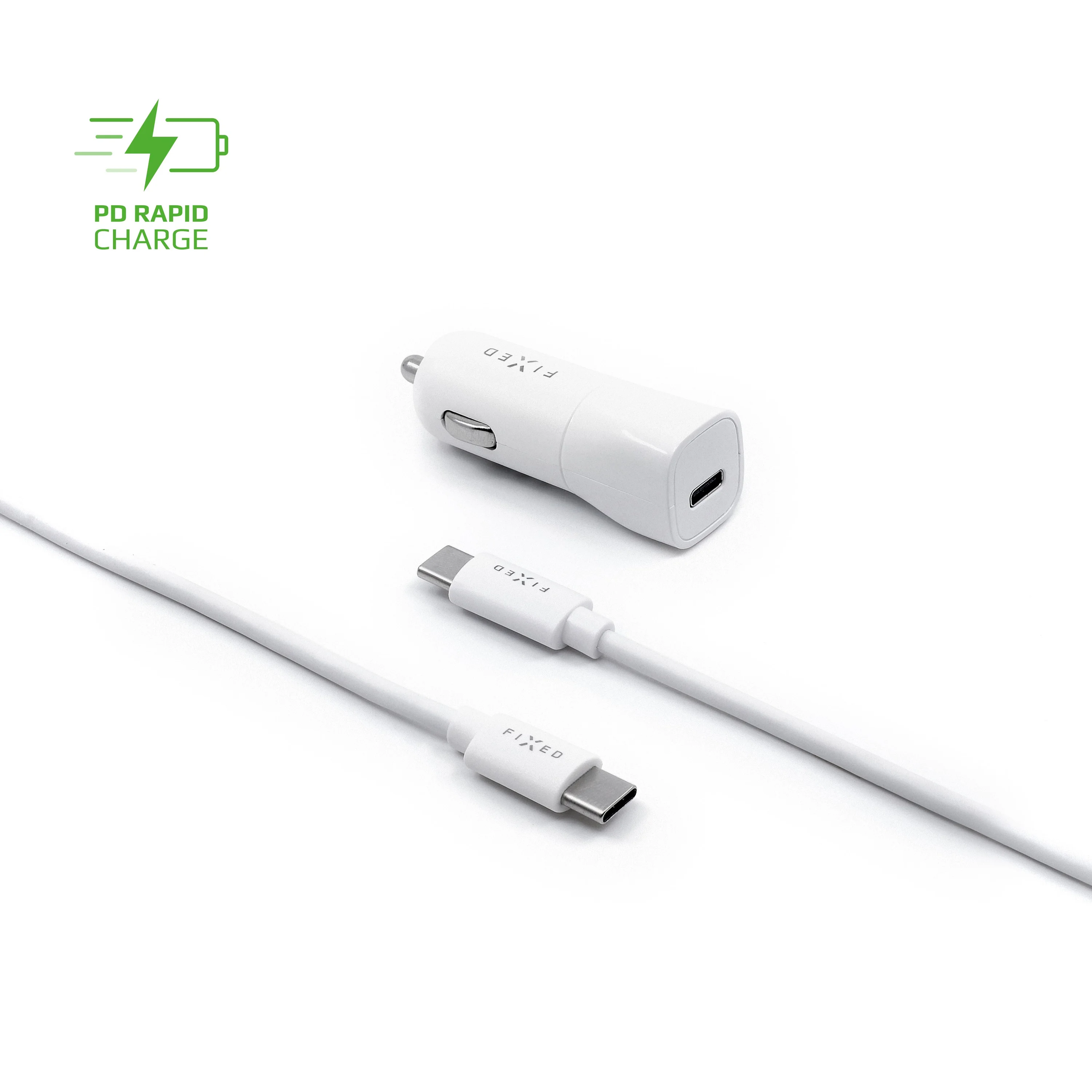 Set autonabíječky FIXED s USB-C výstupem a USB-C/USB-C kabelu, podpora PD, 1 metr, 18W, bílý