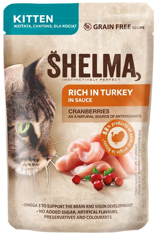 SHELMA Cat Kitten krůta a brusinka v omáčce, kapsička 85 g
