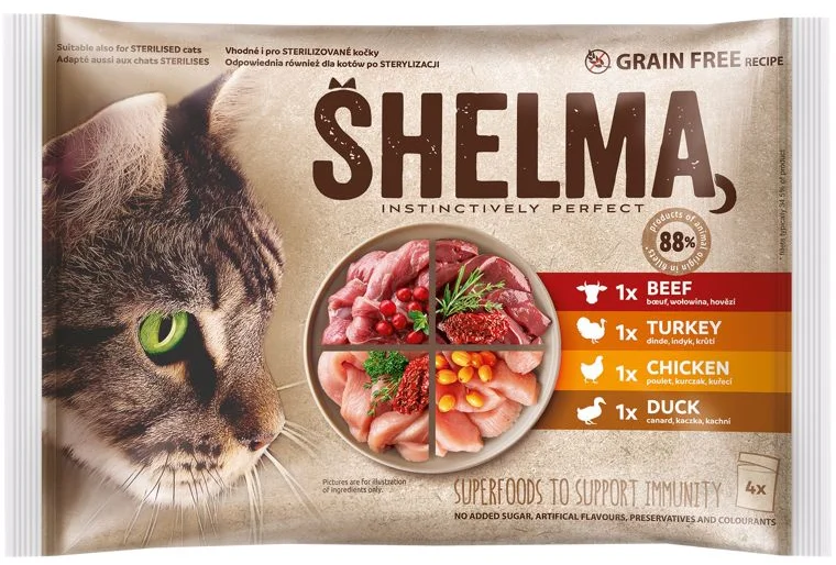 SHELMA Cat kuracie, hovädzie, kačacie a morčacie mäso, kapsička 85 g (4 balenia)