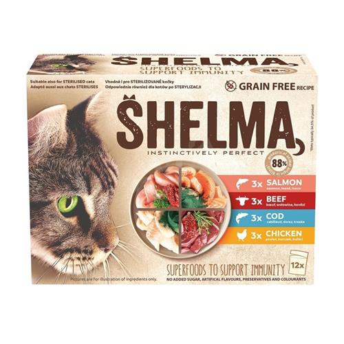 SHELMA Cat kuracie mäso, hovädzie mäso, losos a treska, kapsička 85 g (12 balení)