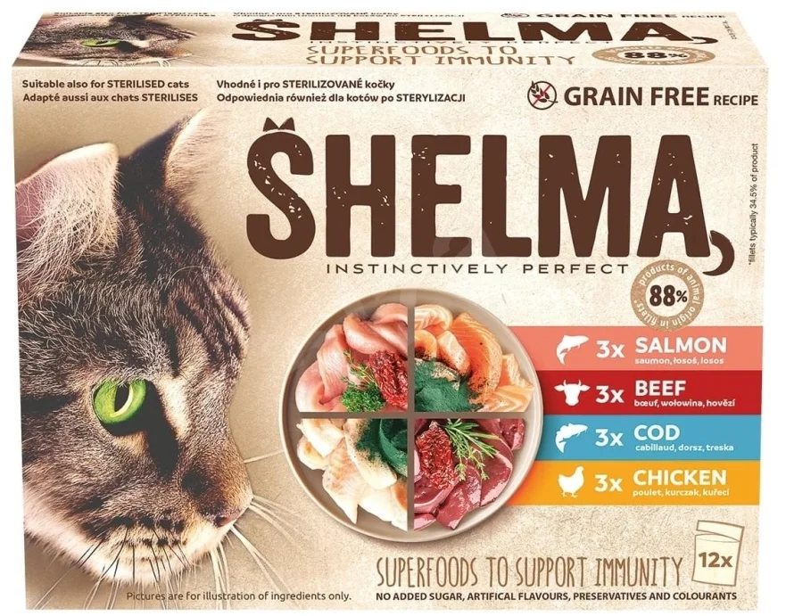 SHELMA Cat kuracie mäso, hovädzie mäso, losos a treska, kapsička 85 g (12 balení)