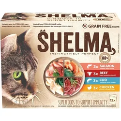 SHELMA Cat kuracie mäso, hovädzie mäso, losos a treska, kapsička 85 g (12 balení)