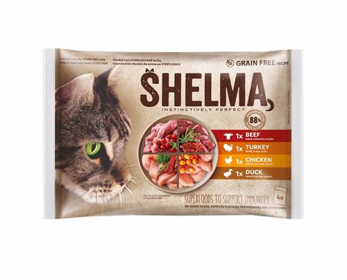SHELMA Cat kuře, hovězí, kachna a krůta, kapsička 4x 85 g (4 pack)