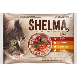 SHELMA Cat kuře, hovězí, kachna a krůta, kapsička 4x 85 g (4 pack)