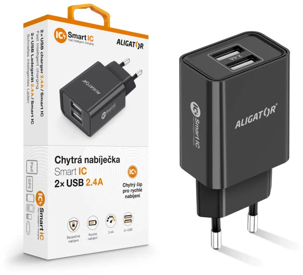 Sieťová nabíjačka ALIGATOR s výstupom 2xUSB, 2,4 A, smart IC, čierna