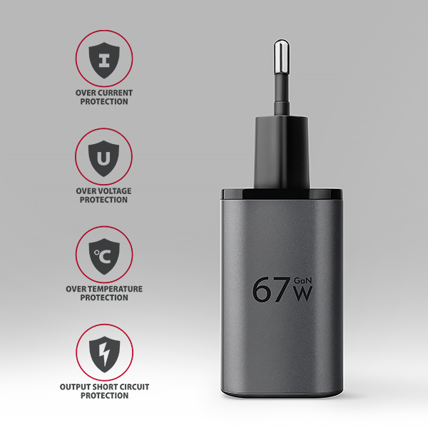 Sieťová nabíjačka AXAGON ACU-PQ67 GaN 67 W, USB-A + USB-C, PD3.0/PPS/QC4+/SFC2.0/Apple