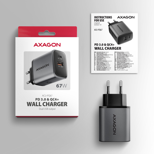 Sieťová nabíjačka AXAGON ACU-PQ67 GaN 67 W, USB-A + USB-C, PD3.0/PPS/QC4+/SFC2.0/Apple