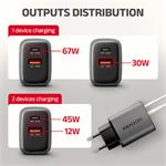 Sieťová nabíjačka AXAGON ACU-PQ67 GaN 67 W, USB-A + USB-C, PD3.0/PPS/QC4+/SFC2.0/Apple