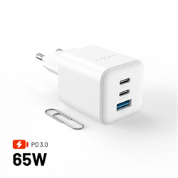 Síťová GaN nabíječka FIXED Mini s 2xUSB-C a USB, podpora PD, 65W, bílá