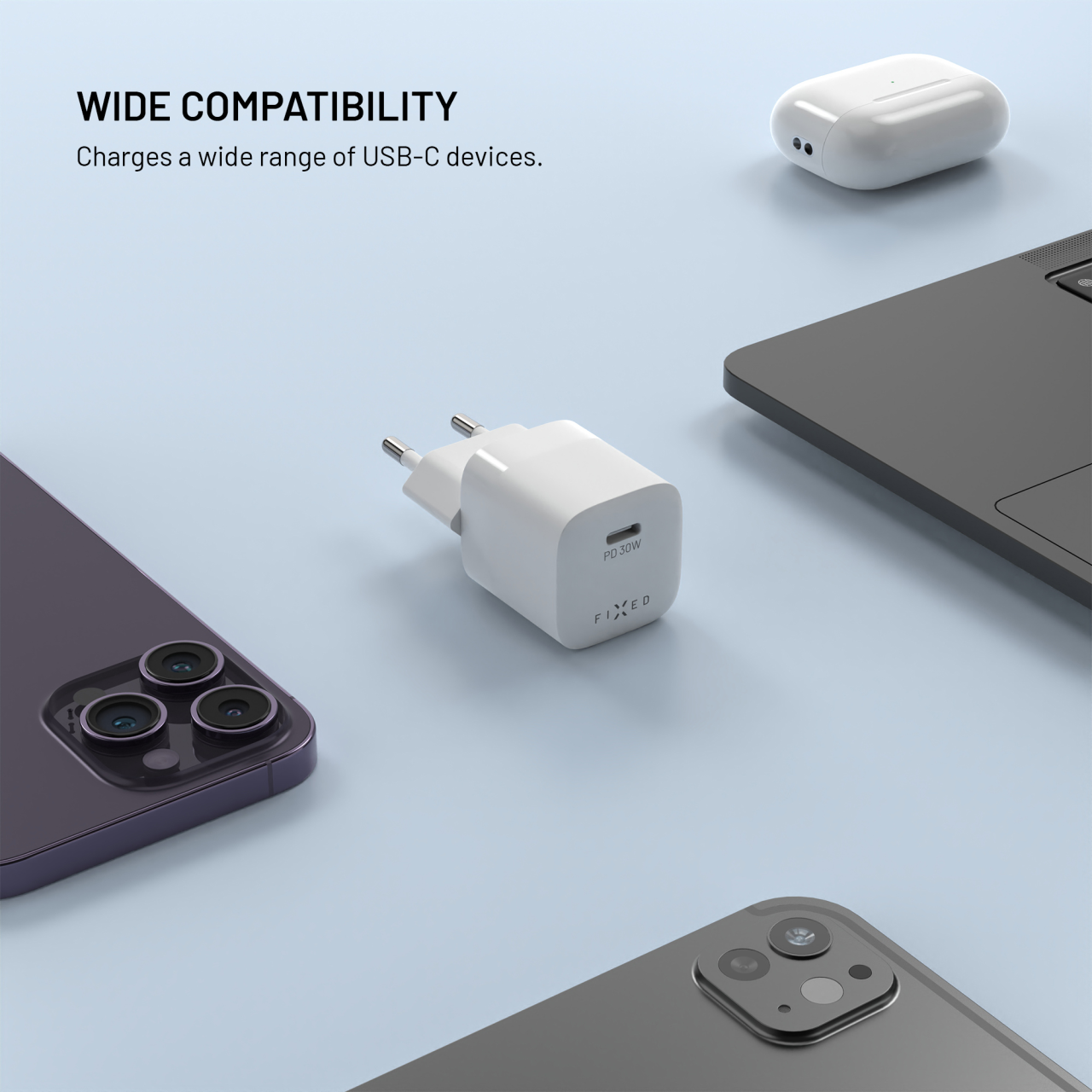 Síťová GaN nabíječka FIXED Mini s USB-C výstupem a podporou PD, 30W, bílá