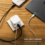 Síťová GaN nabíječka FIXED s 2xUSB-C, PD 3.0, samonavíjecí kabel, 65W, bílá