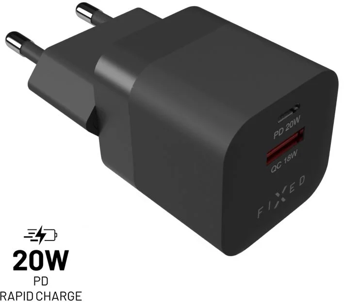 Síťová nabíječka FIXED Mini s USB-C a USB výstupem, podpora PD a QC 3.0, 20W, černý